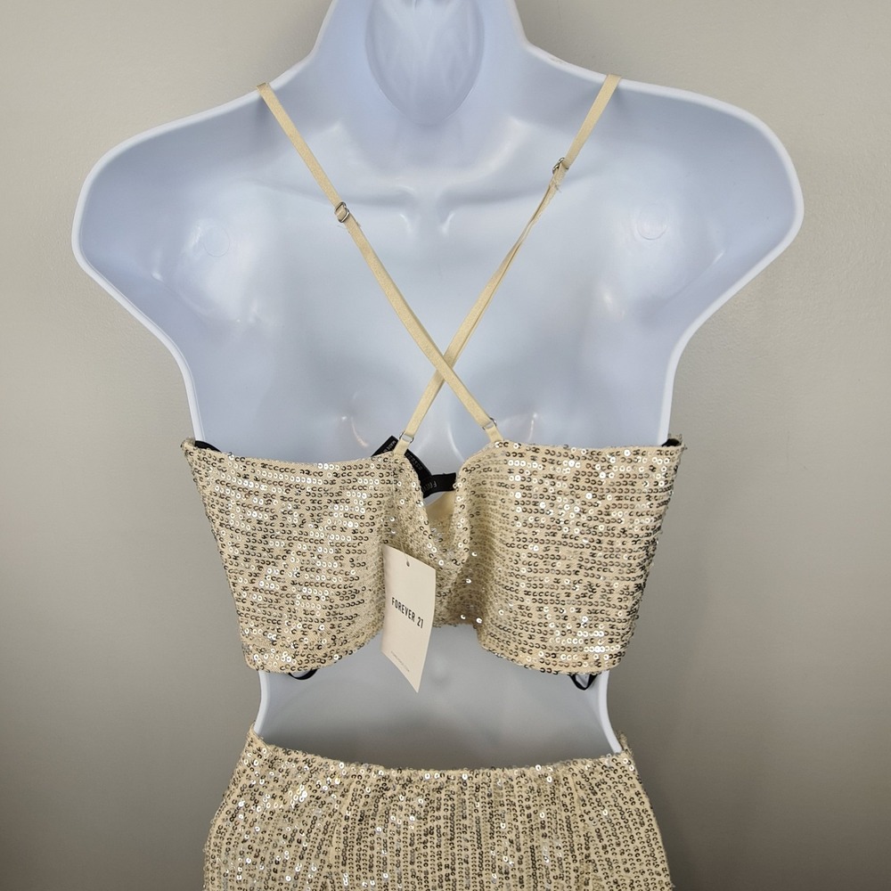 Forever 21 Sequin Ivory Two Piece Outfit Women's Small Top And Skirt Shiny Party - Picture 4 of 16